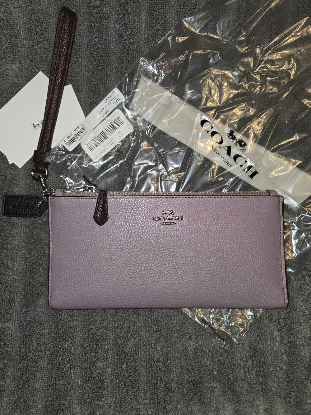 Coach Pebbled Leather Wristlet in Lavender with Burgundy Strap